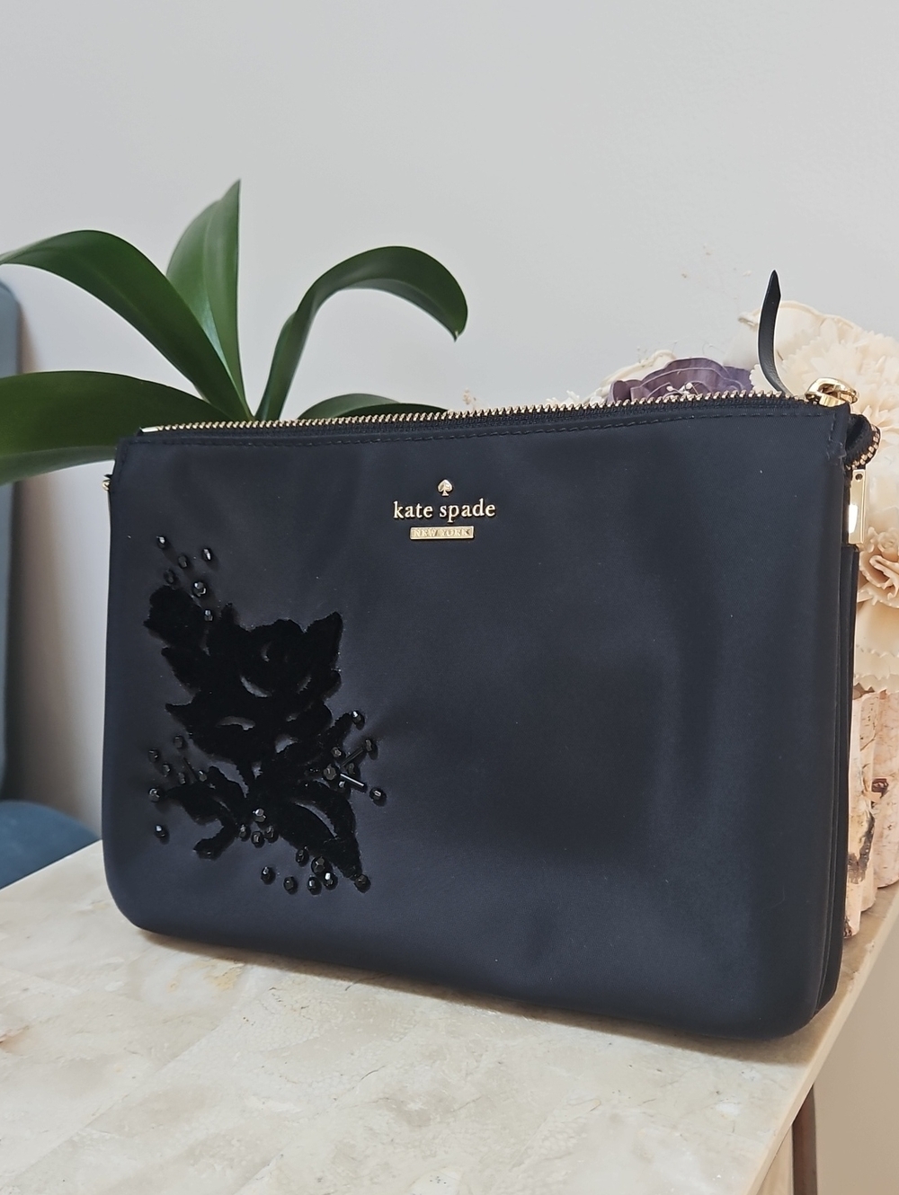 kate spade Black Embellished Floral Wristlet Clutch